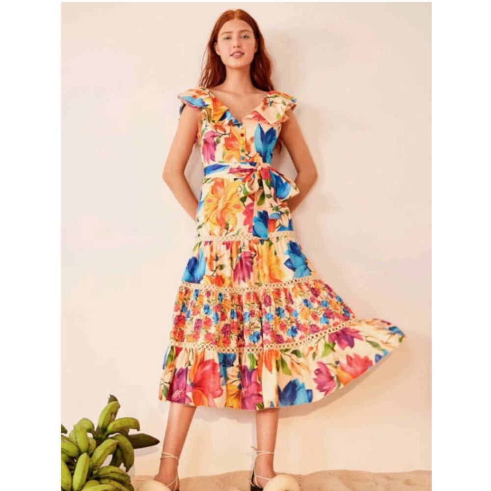 FARM Rio Vibrant Mary’s Garden Frilled Top Midi Dress Size Small